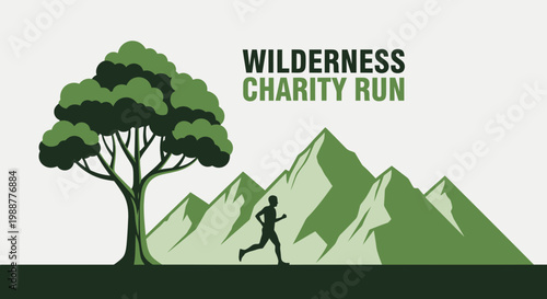 Wilderness Charity Run: A Silhouette Runner Amidst Trees and Mountainous Terrain Design