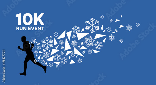 Winter 10K Running Event Concept Depicting Runner Silhouette with Snowflake Design