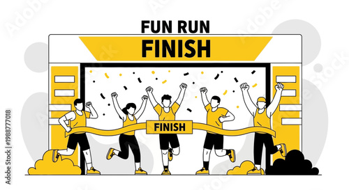 Winning Fun Run Finish Line Celebration With Confetti And Athletes Cheering