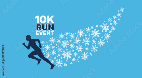 Winter 10K Run Event Design with Runner Silhouette and Snowflake Graphics