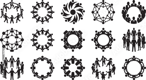 Large collection of black vector silhouettes featuring people in circular formations representing global teamwork business partnership community unity and social networking