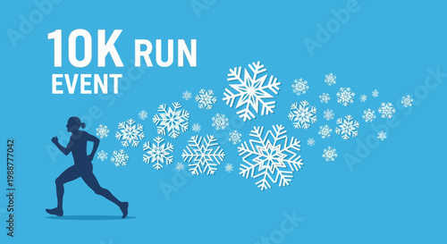 Winter 10K Run Event Poster with Snowflakes and Energetic Silhouette Runner Illustration