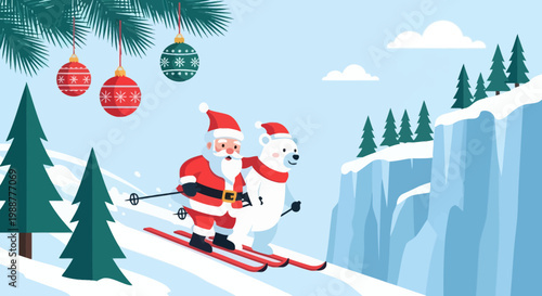 Winter Adventure Of Santa Claus On Skis With A Cheerful Polar Bear Friend