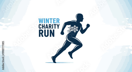 Winter Charity Run Silhouette Featuring a Snowflake and Dynamic Running Figure, Clean Design