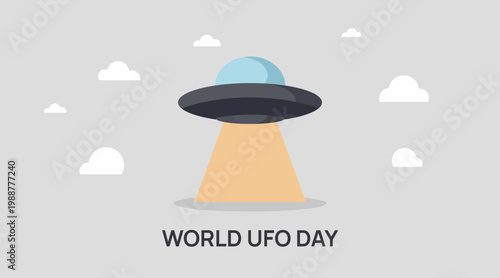 World UFO Day horizontal banner with flat vector flying saucer spaceship and light beam,