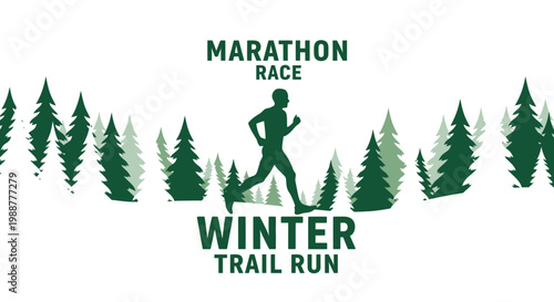 Winter Marathon Race Trail Running Silhouette In A Forest Design With Green Trees