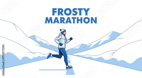 Winter Marathon Runner Against Snow-Capped Mountains Across Route in Frosty Landscape