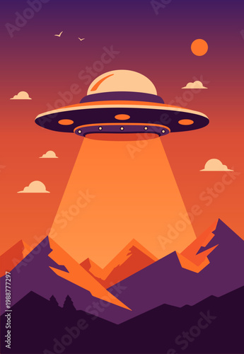 World UFO Day concept vector illustration with alien flying saucer spaceship in night sky