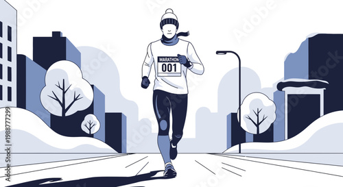Winter Marathon Runner In Cityscape: Vector Illustration Of Athletic Achievement