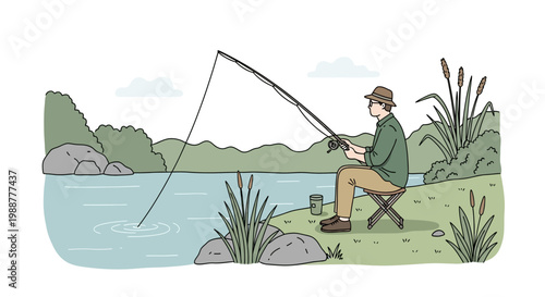 Man sitting by lake fishing peacefully outdoors.