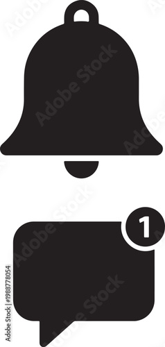 Minimalist black vector icons of a notification bell and a speech bubble with a numerical alert badge for mobile app interface and social media communication concepts