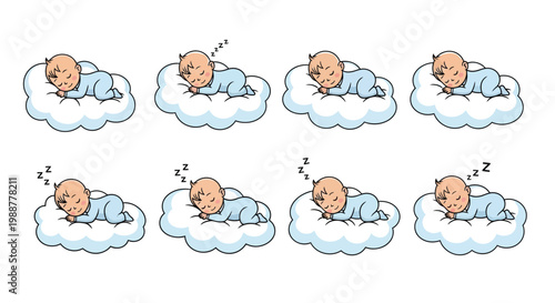 Sleeping babies illustrated on fluffy clouds in a repeating pattern