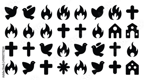 Black simplified icons of birds flames crosses and buildings arranged in a clean 5x6 grid layout for religious and spiritual design