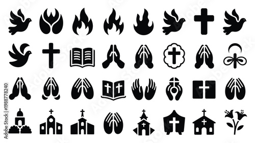 Black and white icons of religious symbols praying hands bible churches and doves simplified cartoon style vector art collection