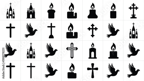 Black silhouettes of crosses churches birds and candles arranged in a clean organized grid layout for symbolic design