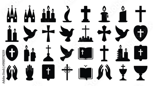 Black and white vector icons of religious symbols including crosses candles doves and sacred texts for spiritual themes