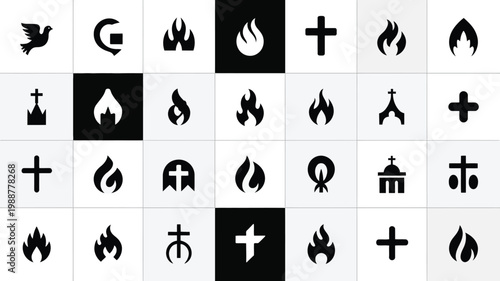 Collection of bold monochromatic religious and spiritual symbols arranged in a grid layout on a clean background