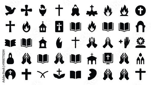 Black and white religious symbols and icons organized in a neat grid layout featuring crosses books flames and praying hands