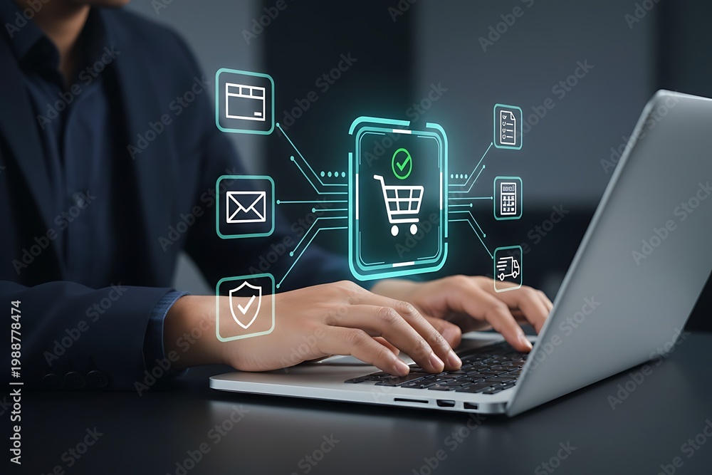 Obraz premium E-commerce order management system. Fulfillment operations software for online store. Businessman using laptop computer to process orders. data analytics, supply chain.Concept of digital logistics
