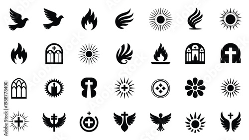 Black and white vector icon set featuring 30 symbols of spirituality religion and mysticism in a clean minimalist design