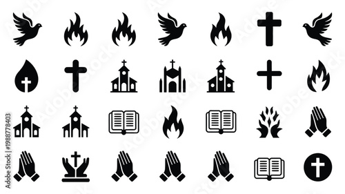 Black silhouette icons of churches crosses flames praying hands and doves in a clean grid layout isolated on white