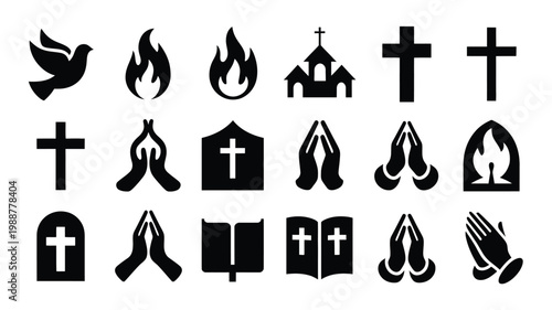 Black silhouette icons of religious symbols including crosses dove flames praying hands and bible illustrations for spiritual themes