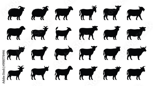 Black silhouettes of diverse farm animals including sheep goats and cows arranged in a grid for vector illustration