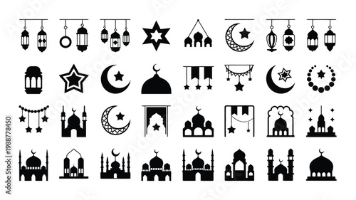 Black and white vector illustration featuring 30 islamic symbols including mosques lanterns stars crescent moons and geometric patterns for cultural and religious designs