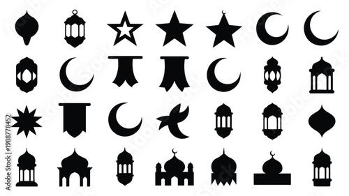 Black and white vector illustration of ornate lanterns crescent moons stars and mosque silhouettes for cultural designs
