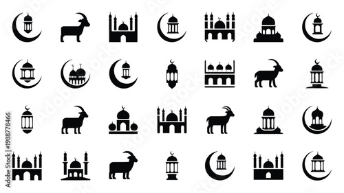 Black and white silhouettes of mosques lanterns crescent moons and goats in a minimalist islamic themed collection for eid al adha celebrations