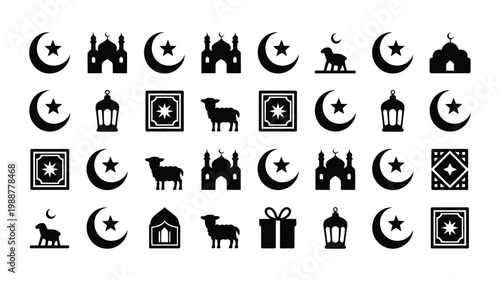 Black and white icon set featuring crescent moons stars lanterns mosques and framed symbols in a clean grid layout