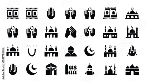 Minimalist black and white icon set featuring 30 symbols of islamic culture and traditions for prayer and worship