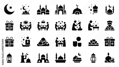 Minimalist black and white vector icons depicting ramadan and eid celebrations with mosques crescent moons stars family gatherings and traditional decorations