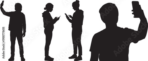 Set of black vector silhouettes featuring various people standing and taking selfies or using smartphones for social media and digital communication concepts