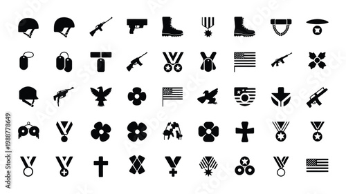 Black and white vector icons collection featuring military gear weapons symbols and badges isolated on clean background