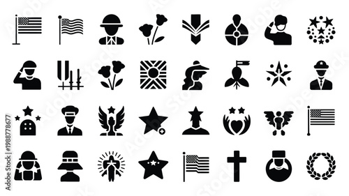 Modern black vector icons featuring military medical and cultural symbols in a clean minimalist style for design projects