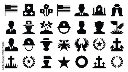 Black and white vector icons featuring military patriotic and commemorative symbols for honoring service and sacrifice