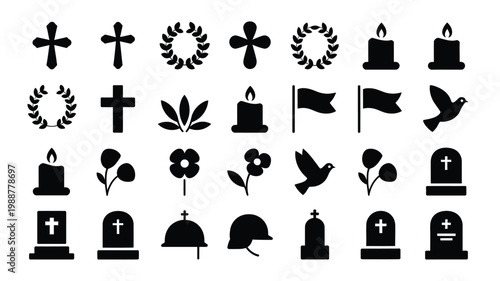Minimalist black and white icon set featuring religious symbols candles flowers and gravestones for solemn occasions