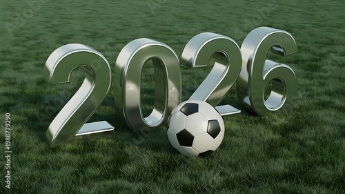 Shiny metallic 2026 numbers displayed on a green grass field with a soccer ball