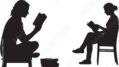 Silhouettes of Two People Reading Books, One Sitting on Stool and One on Chair With Book Stack, Reading Concept