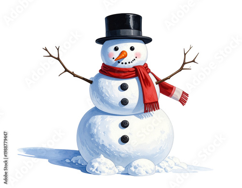 Snowman with black top hat, orange carrot nose, red scarf, and coal buttons standing in snowy setting