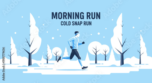 Winter Runner on a Cold Morning, Illustrated Scene with Trees and Snow, Healthy Lifestyle