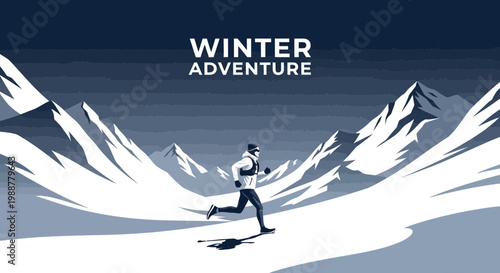 Winter Runner in a Snowy Mountain Landscape, Achieving an Adventurous Goal