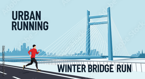 Winter Urban Running with a Bridge: Active Lifestyle and Exercise, Silhouette of City Scape