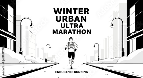Winter Urban Ultra Marathon Runner In An Abstract Black And White Sport Illustration