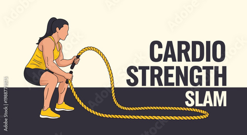 Woman Doing Cardio Boxing With A Massive Rope, Workout, Fitness, Slam Training Exercise