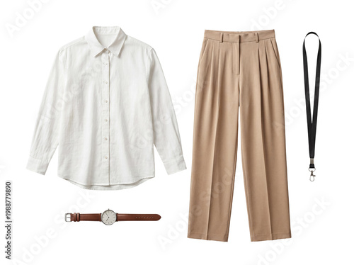 фотографія Minimalist smart casual outfit featuring white shirt, beige pleated trousers, watch, and lanyard