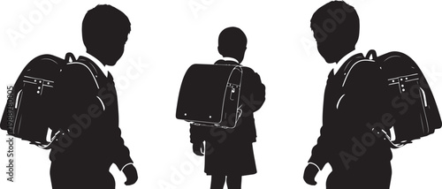 Three School Boys Silhouettes with Backpacks from Behind - Black Children Carrying School Bags Walking Vector Illustration on White Background