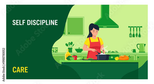 Woman In Kitchen Cooking Healthy Meals And Embracing Care And Self-Discipline