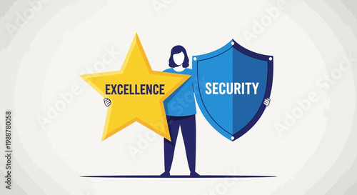 Woman Holding Security and Excellence Symbols, Representing Protection and Quality Imagery